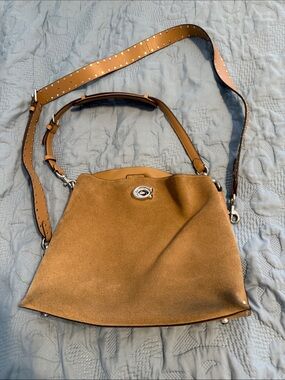 Coach Tan Suede Shoulder Bag with Studded Leather Strap